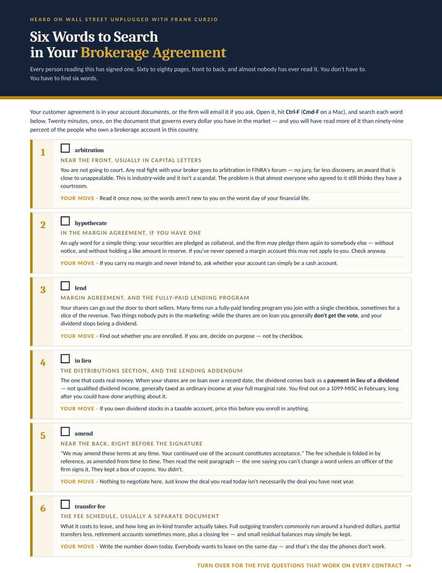 Preview of Six Words to Search in Your Brokerage Agreement — a free checklist for Wall Street Unplugged listeners